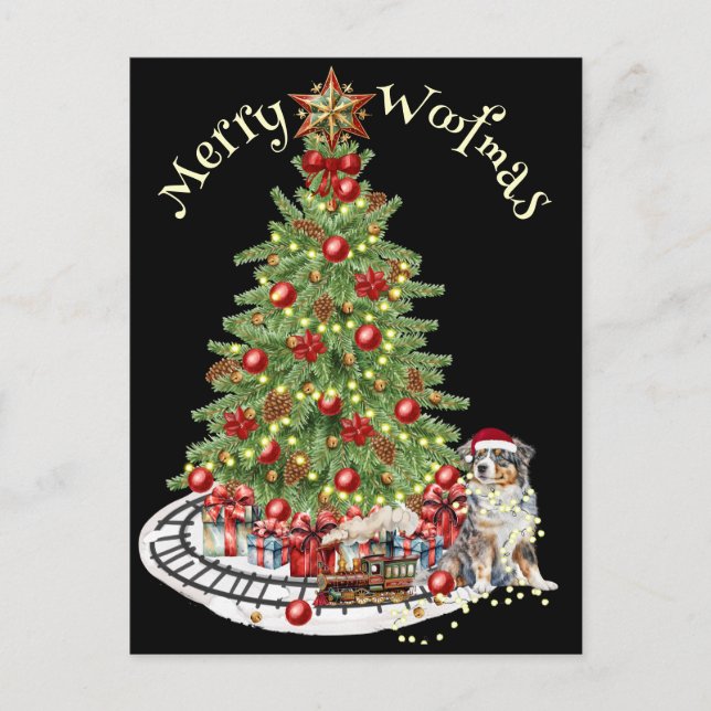 Postal Diseño de Perro de Merry Woofmas - Pastor Australi (Anverso)