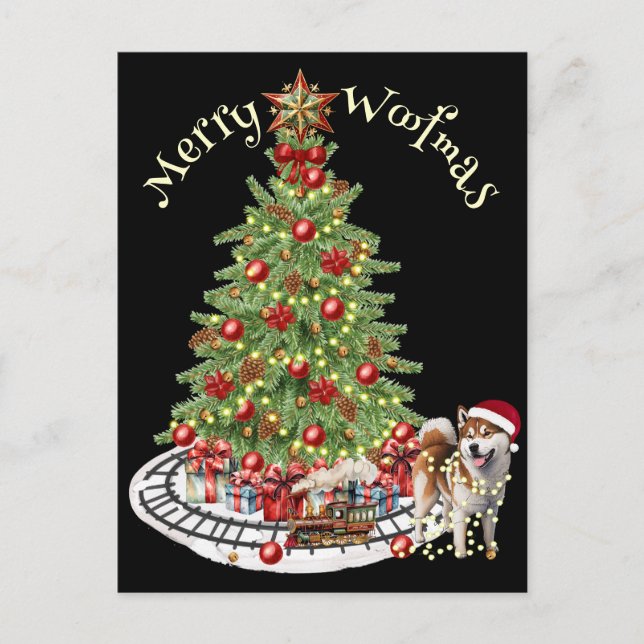 Postal Diseño de perro Feliz Woofmas - Akita (Anverso)