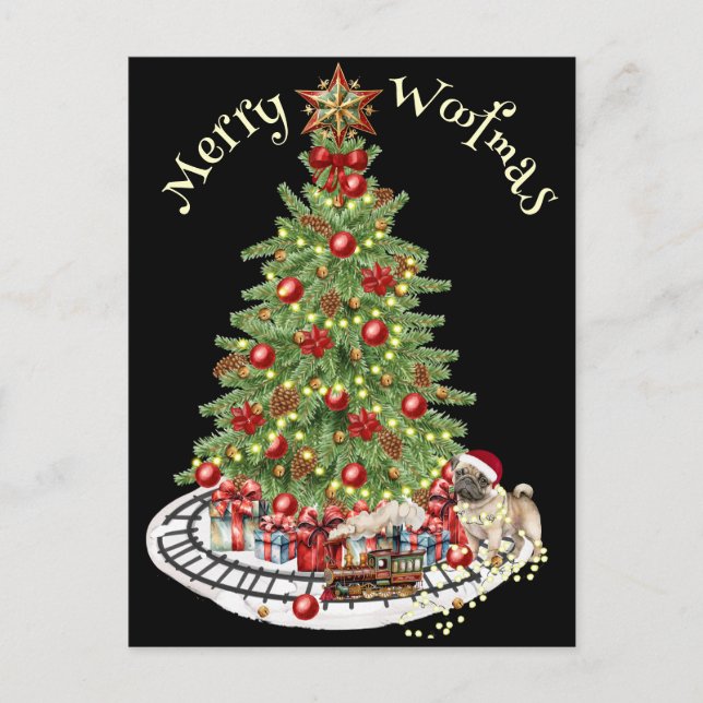 Postal Diseño de perro Feliz Woofmas - Pug (Anverso)
