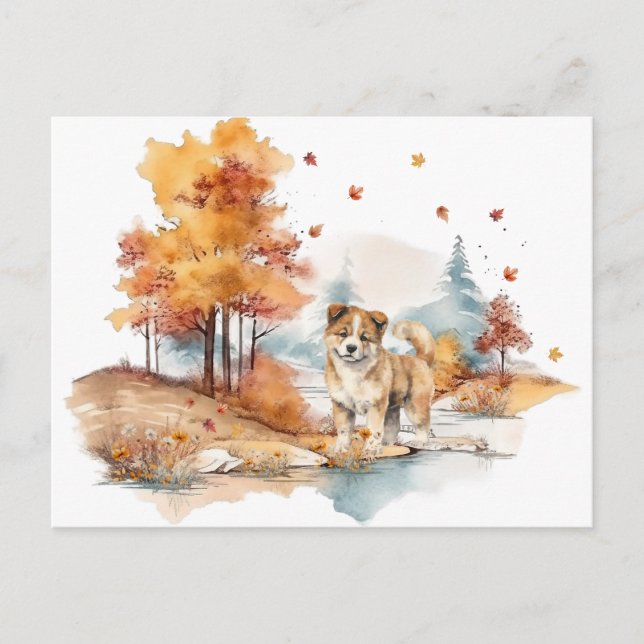 Postal Diseño de perro otoñal con acuarela - Akita (Anverso)