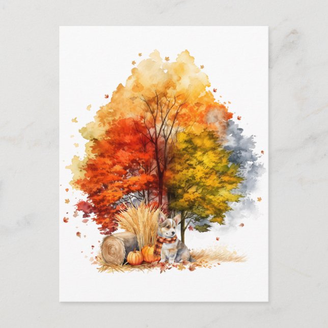Postal Diseño de perro otoñal en acuarela - Corgi (Anverso)