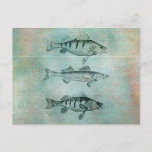 Postal Diseño de pescado con textura de madera