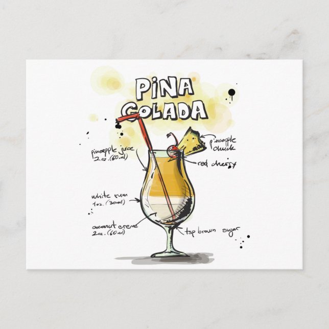 Postal Diseño de Receta de Bebidas de Pina Colada (Anverso)
