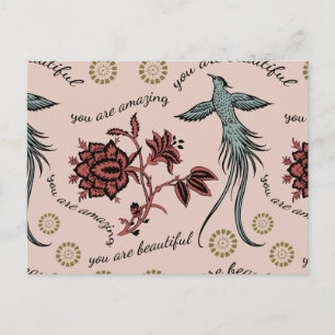 Postal Diseño de texto Patrón de flores de aves