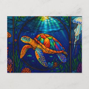Postal Diseño de tortuga marina de vidrio tintado vibrant