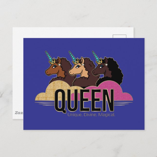 Postal Diseño de trío de reina Afro Unicornio (Anverso / Reverso)