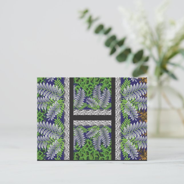 Postal diseño de un patrón verde y amarillo (Anverso de pie)
