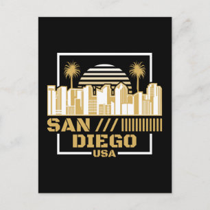 Postal Diseño de viaje del horizonte retro de San Diego E