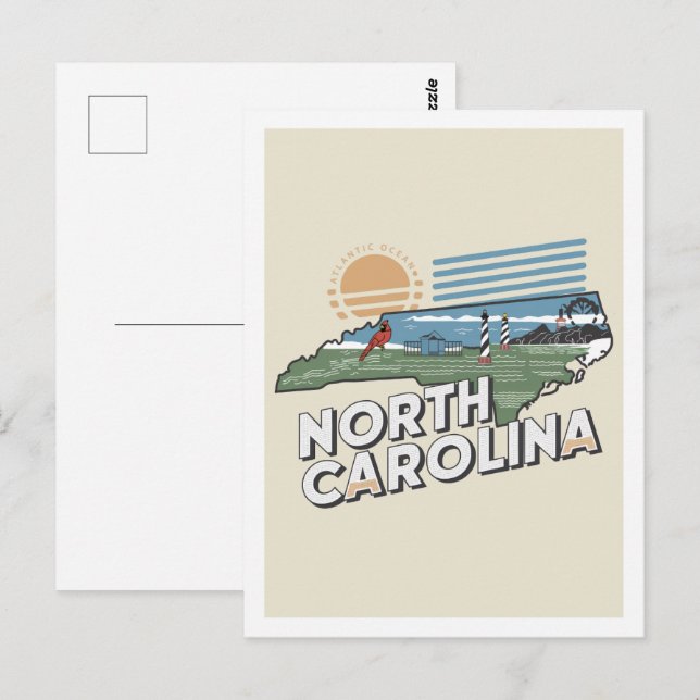 Postal Diseño de viajes retro de Carolina del Norte Icóni (Anverso / Reverso)