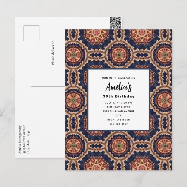 Postal Diseño decorativo de Flores y Estrellas Cumpleaños (Anverso / Reverso)