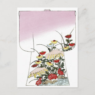 Postal Diseño del bloque de madera rosa kimono japonés