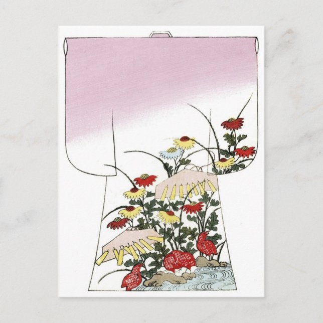 Postal Diseño del bloque de madera rosa kimono japonés (Anverso)