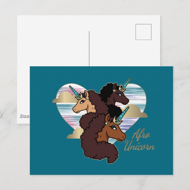 Postal Diseño del corazón del trío Afro Unicornio (Anverso / Reverso)
