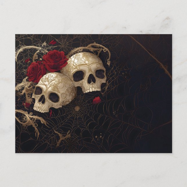 Postal Diseño del estilo de las cráneo y las rosas rojas (Anverso)