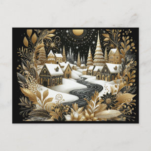 Postal Diseño dorado y negro de pueblo invernal