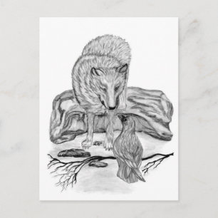 Postal Diseño en blanco y negro de Wolf y Raven