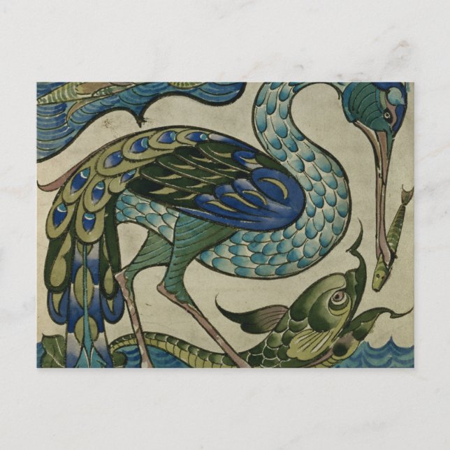 Postal Diseño en mosaico de garza y pescado, por Walter C (Anverso)