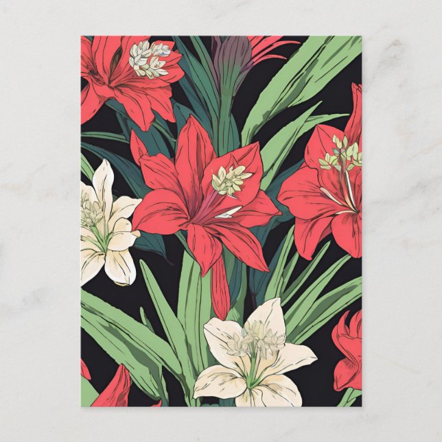 Postal Diseño floral de Amaryllis rojo y blanco (Anverso)