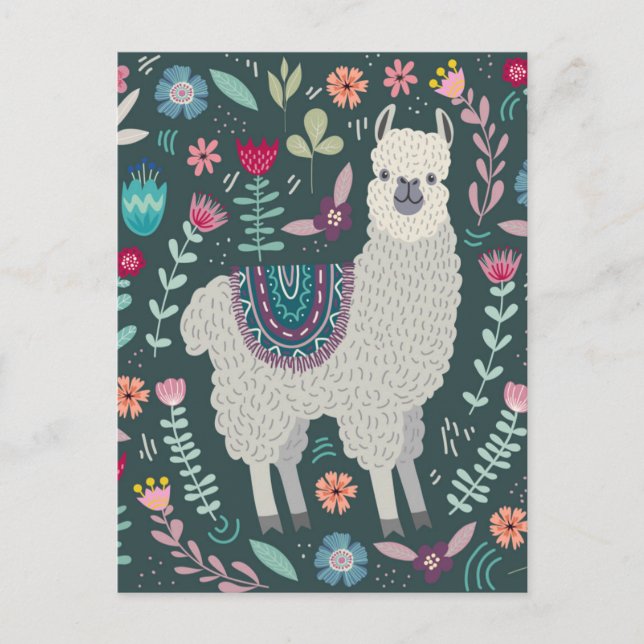 Postal Diseño floral de Cute Llama (Anverso)