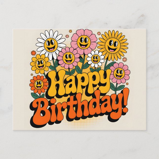 Postal Diseño Floral Retro Groovy Feliz Cumpleaños (Anverso)