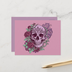Postal Diseño goth de cráneo de lavanda con rosas