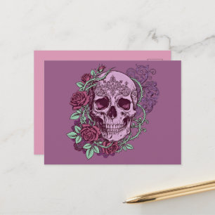 Postal Diseño goth de cráneo de lavanda con rosas