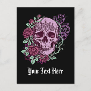Postal Diseño goth de cráneo de lavanda con rosas