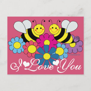 Postal Diseño gráfico de abejas y flores te amo