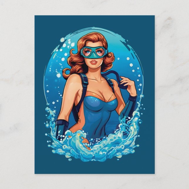 Postal Diseño gráfico vintage Hembra Scuba Diver (Anverso)