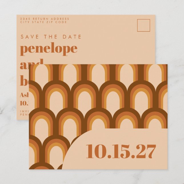 Postal Diseño Groovy Retro 70 en Boda de arena y marrón (Anverso / Reverso)