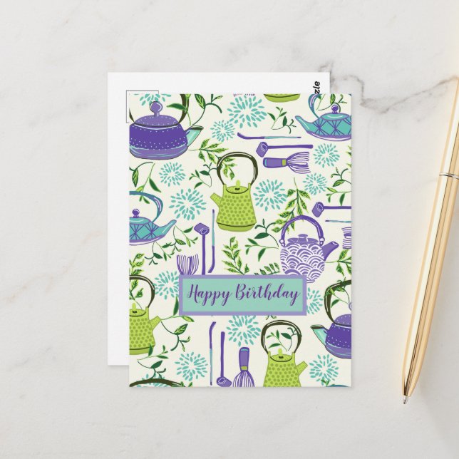 Postal Diseño japonés de tetera verde (Anverso/Reverso In Situ)