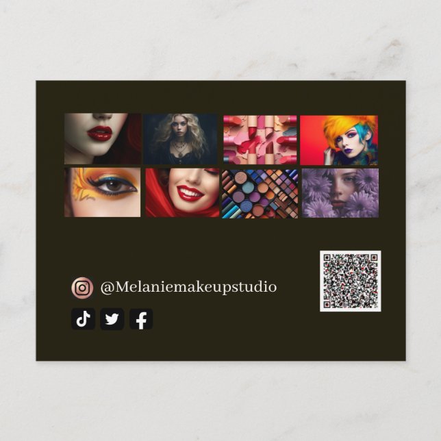 Postal Diseño moderno de maquillaje y código QR (Anverso)