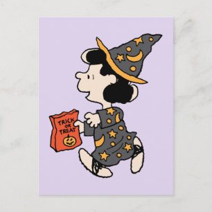 Postal Disfraz de bruja Lucy de Peanuts para Halloween
