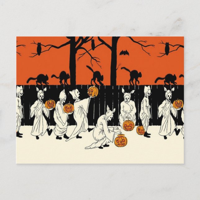 Postal Disfraz de fantasma Jack O Lantern Gato Negro Búho (Anverso)