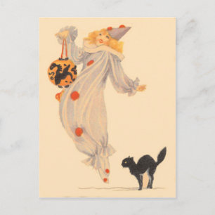 Postal Disfraz de Gato Negro Payaso Truco o Regalo