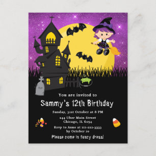 Postal Disfraz de Halloween Cumpleaños Bruja Púrpura