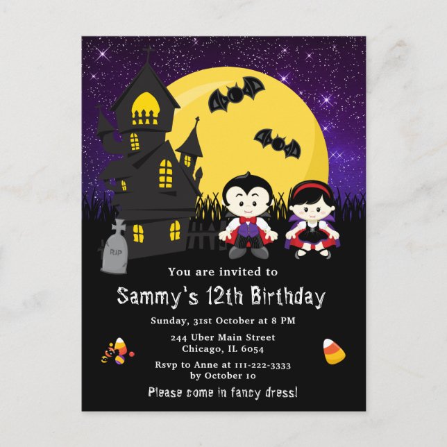 Postal Disfraz de Halloween Cumpleaños Vampiros Morado (Anverso)
