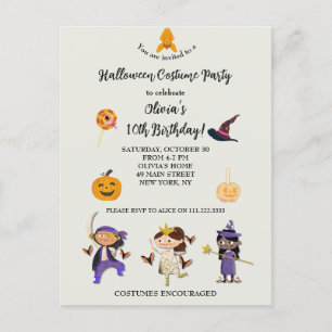 Postal disfraz de Halloween fiesta de cumpleaños de niños