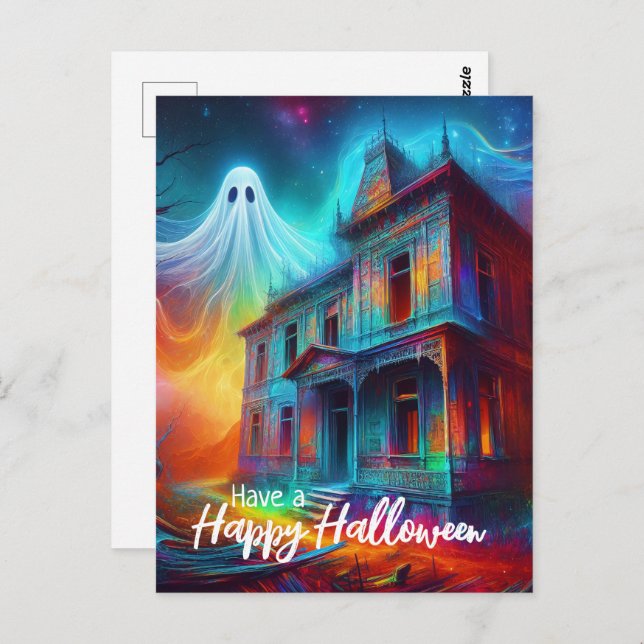 Postal Disfruta de una casa y fantasma feliz en Halloween (Anverso / Reverso)