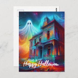 Postal Disfruta de una casa y fantasma feliz en Halloween