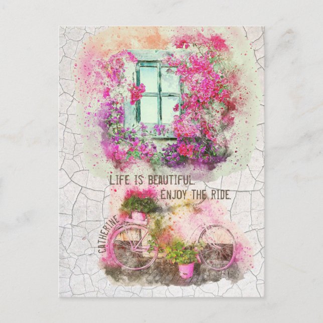 Postal Disfruta Del Paseo | Bicicleta acuarela con flores (Anverso)