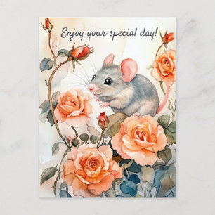 Postal Disfruta tu día especial ratón y rosas