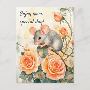 Postal Disfruta tu día especial ratón y rosas