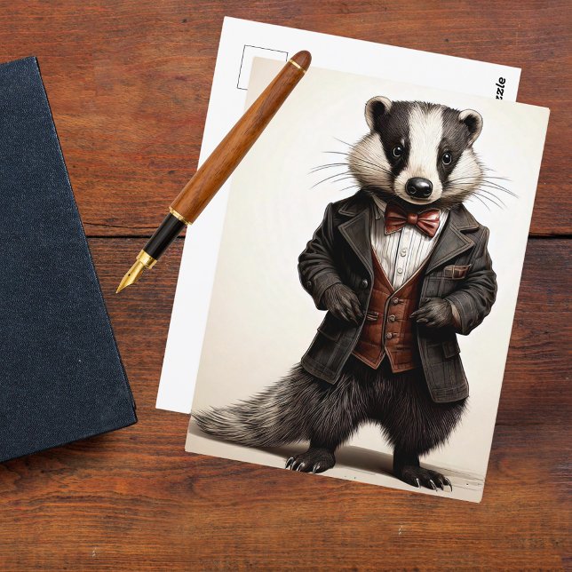 Postal Distinguido estilo vintage del Badger (gentleman badger vintage illustration woodland British wildlife dapper suit old fashioned postcard)