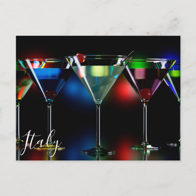 Postal Distintos cócteles en gafas de martini con luces (Anverso)