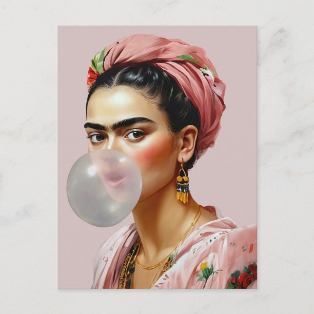 Postal Diva con bufanda floral soplando chicle  (Anverso)