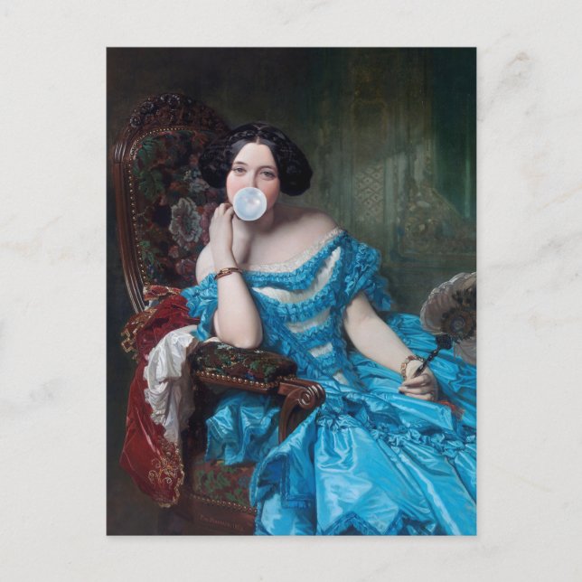 Postal Diva de chicle en satén azul (Anverso)