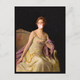Postal Diva de chicle en vestido amarillo 