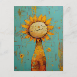 Postal Diversión De Gato De Girasol En La Pintura De Sol