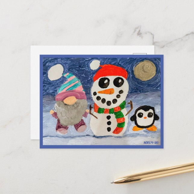 Postal Diversión de invierno con Gnome, Snowman y Pingüin (Anverso/Reverso In Situ)
